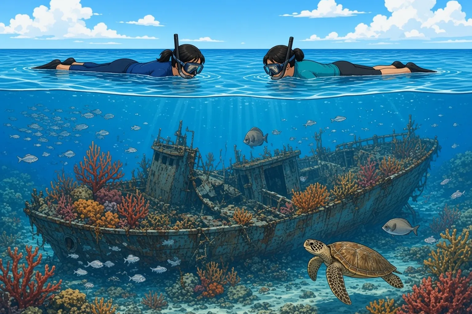 Two snorkelers floating at the surface above the small Japanese shipwreck at Banyuning in Amed, its steel hull covered in sea fans, sponges and coral, with glassfish and reef fish around it.