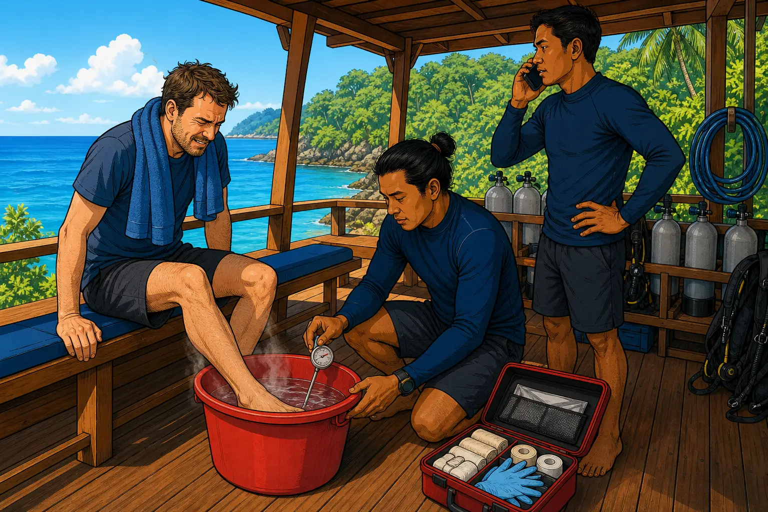 Cel-shaded illustration of first aid on a Bali dive boat deck, with a guest soaking a stung foot in a bucket of hot water while a divemaster checks the temperature with a thermometer and a colleague phones for medical advice beside an open first aid kit.