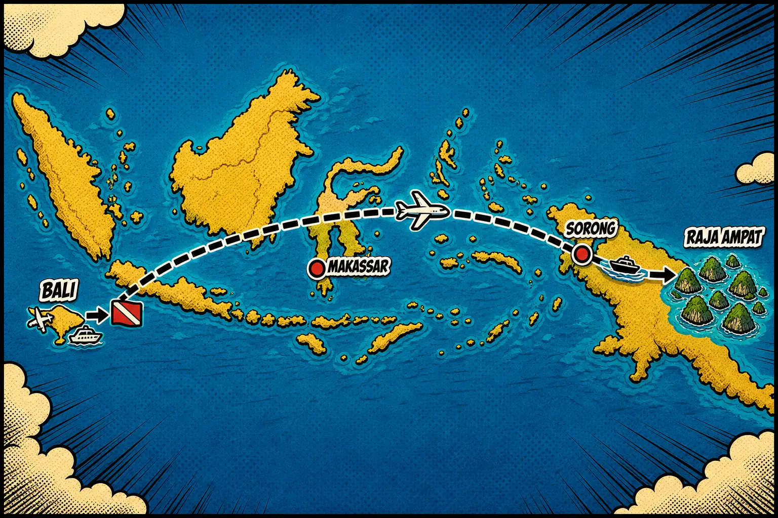 Comic-style map of the Indonesian archipelago showing Bali on the left with a plane and dive boat side by side, and a long dashed flight arc running east through Makassar to Sorong before a short boat leg reaches the karst islands of Raja Ampat