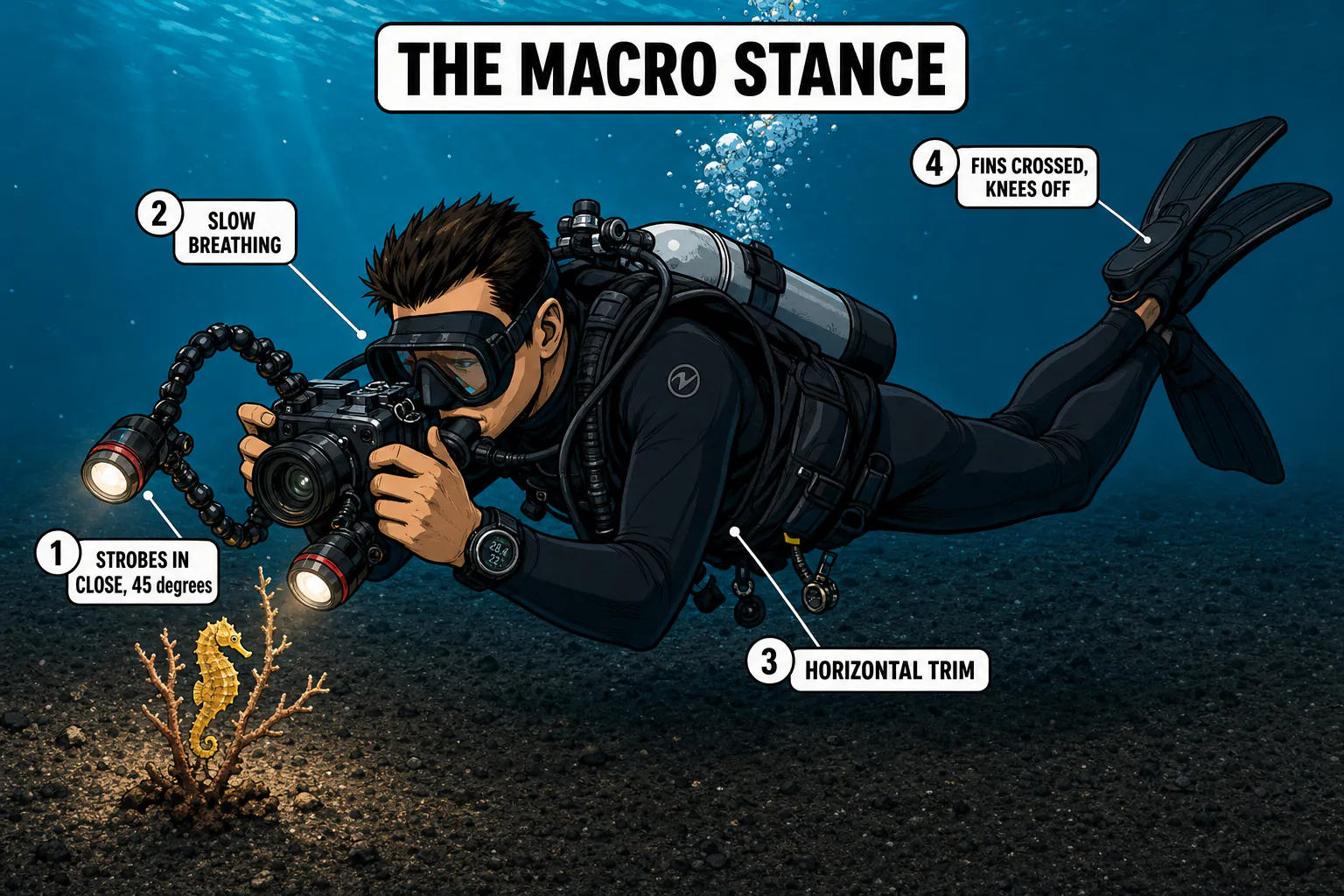 Diver in horizontal trim positioned 30 to 50 centimetres above the sand, both knees off the bottom, camera and macro strobes angled in close to a tiny seahorse subject, demonstrating correct macro photography stance.