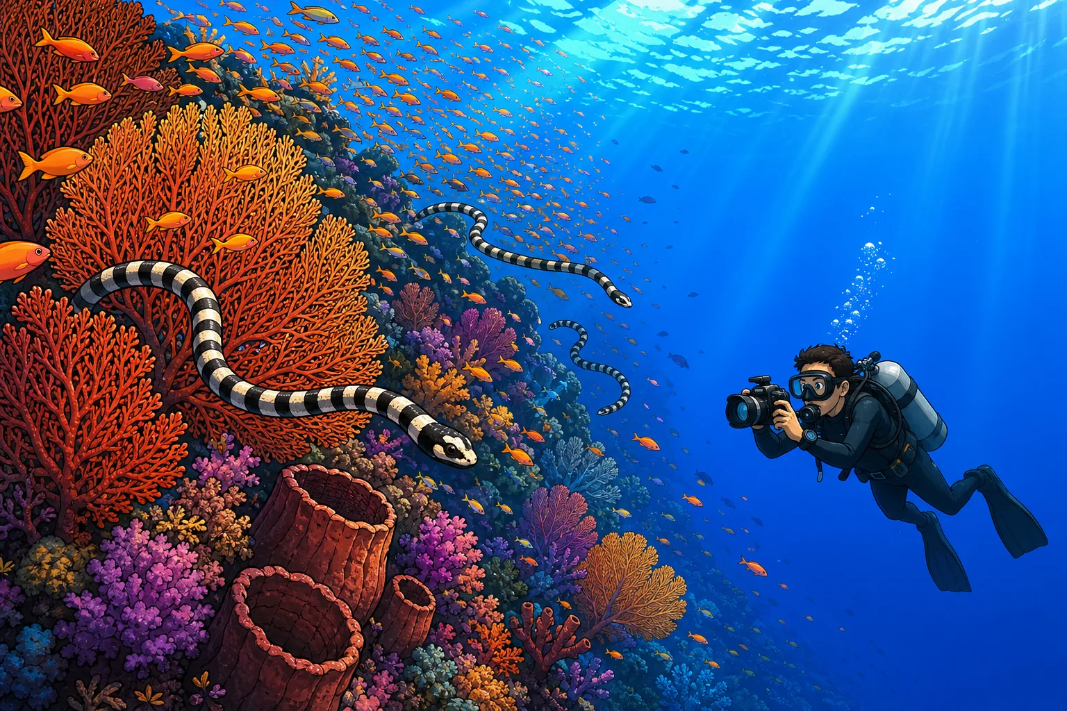 A diver photographing banded sea kraits weaving through giant orange gorgonian fans and barrel sponges on the pristine volcanic reef wall at Manuk island in the Banda Sea.