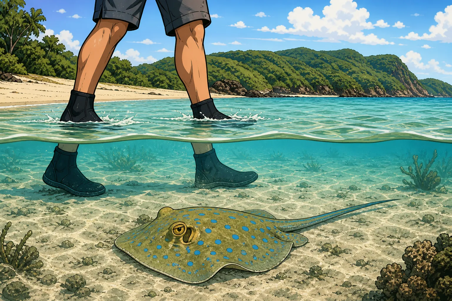 Cel-shaded person in reef boots shuffling through Bali shallows above a camouflaged blue-spotted stingray on the sand