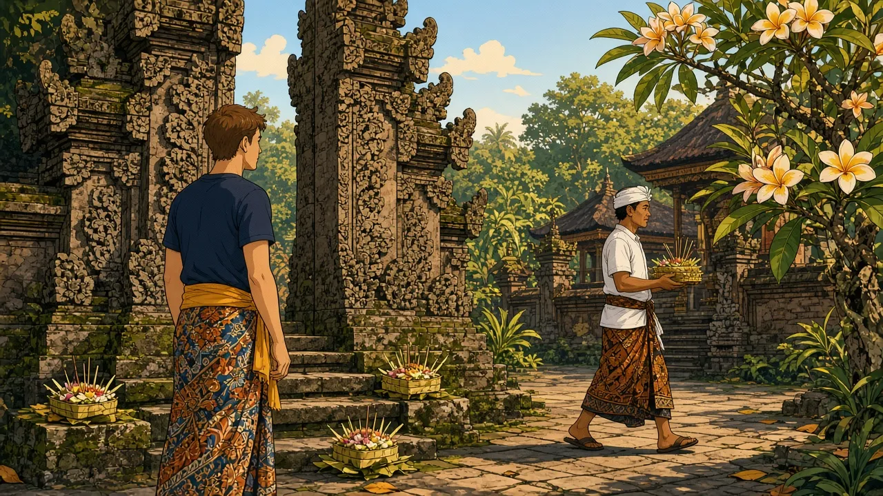 A foreign visitor in a batik sarong and yellow waist sash standing at a carved stone temple gate in Bali, with palm-leaf offering baskets on the steps and a Balinese man in a white headcloth carrying offerings.