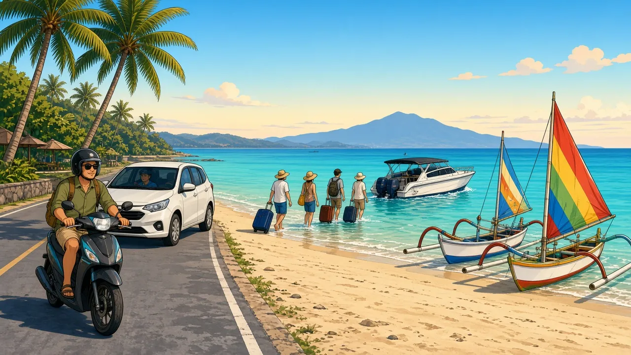 A Sanur beachfront in the morning with a helmeted rider on a scooter, a white car with a driver waiting, travellers with suitcases wading out to a white fast boat, and colourful jukung outrigger boats on the sand.