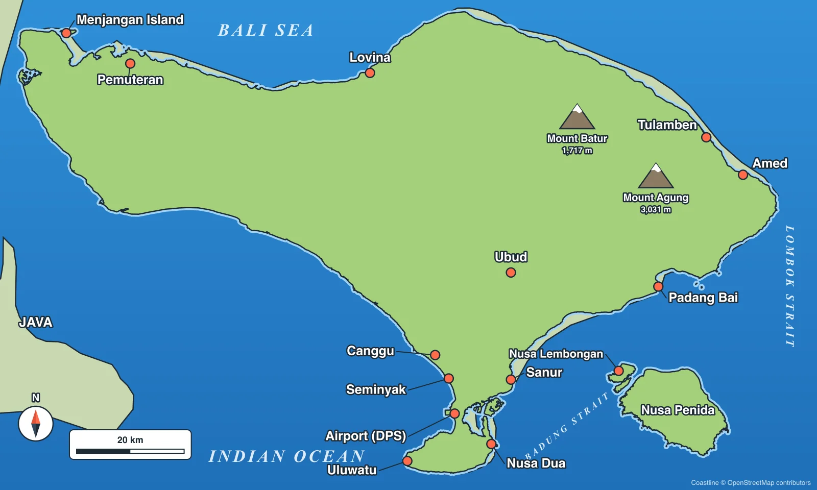 Map of Bali showing the main travel areas: Canggu, Seminyak, the airport, Uluwatu, Nusa Dua and Sanur in the south, Ubud in the centre, Padang Bai, Amed and Tulamben in the east, Lovina, Pemuteran and Menjangan Island in the north, plus Nusa Lembongan and Nusa Penida offshore and Mount Agung and Mount Batur inland.