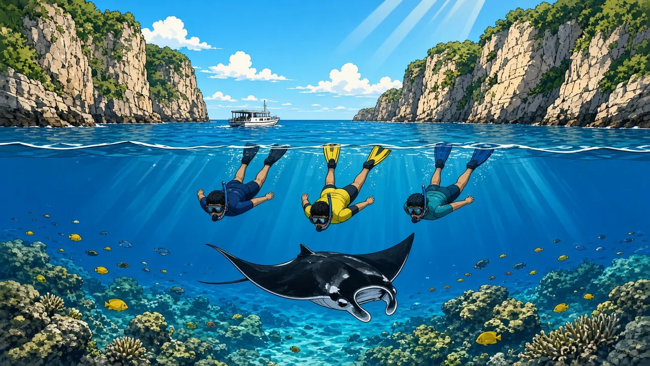 Three snorkellers in masks, snorkels and fins at the surface off the limestone cliffs of Nusa Penida, watching a large black-and-white manta ray glide over the reef below them.