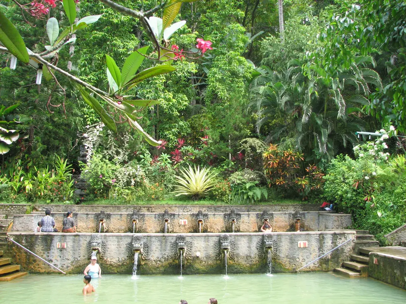 The main bathing pool at Air Panas Banjar in Buleleng, north Bali, a row of carved stone naga heads spouting warm sulphur water into a green pool where people are bathing, with dense jungle rising behind.