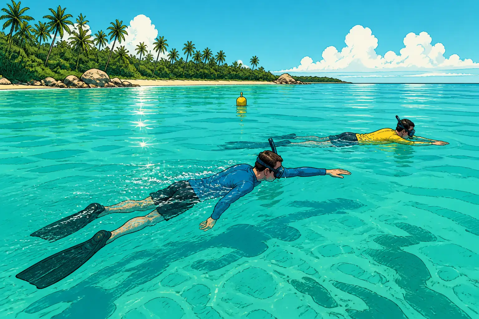 Cel-shaded illustration of a student in a blue rashguard swimming the 300 metre assessment across calm turquoise water in mask, fins and snorkel, with a dive instructor in yellow keeping pace alongside.