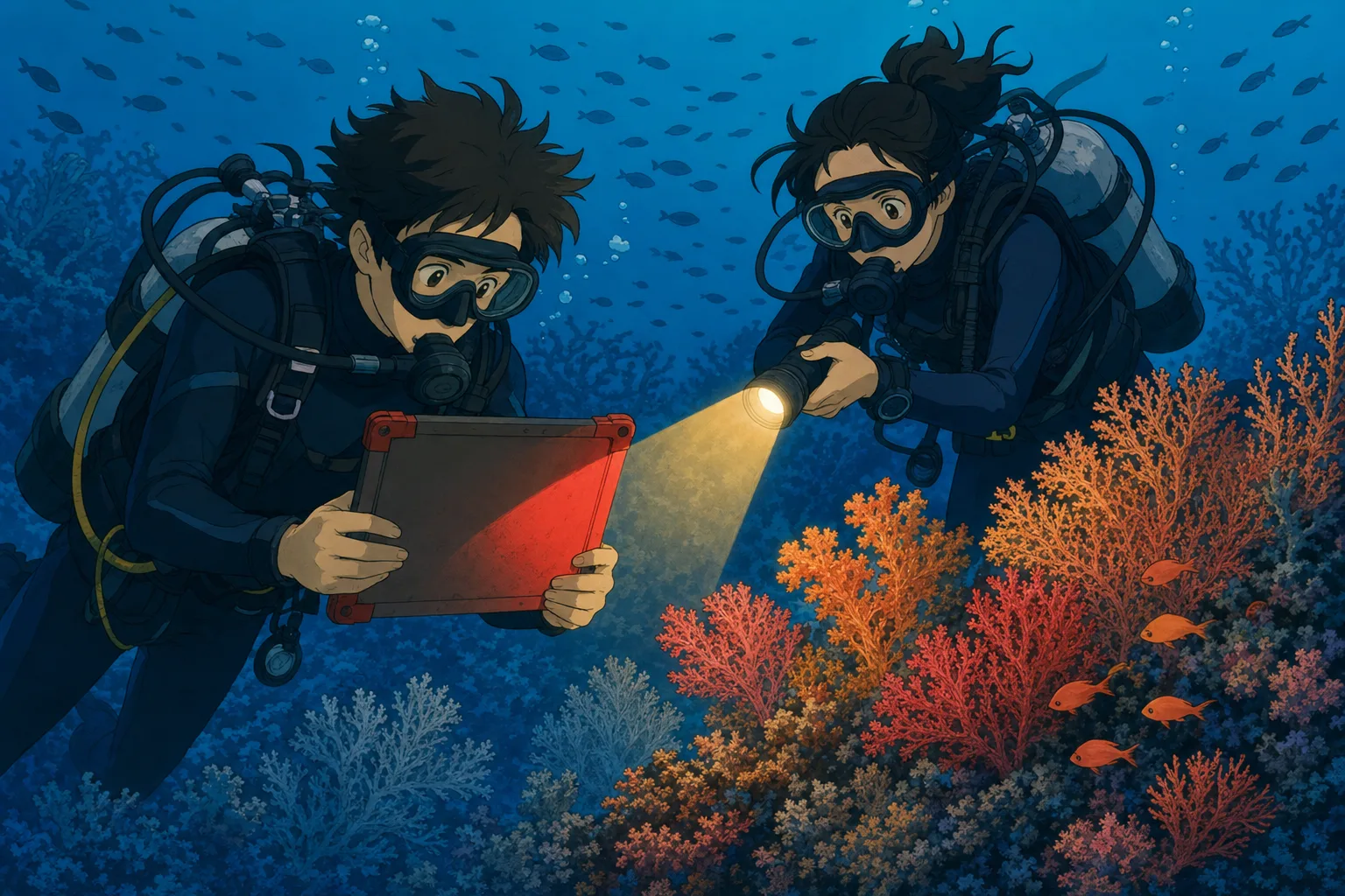 Cel-shaded illustration of two scuba divers at depth in Bali comparing a red slate that appears grey-brown in the ambient blue light while one diver shines a torch on it revealing vivid red, surrounded by soft coral and a school of anthias in muted blue tones.