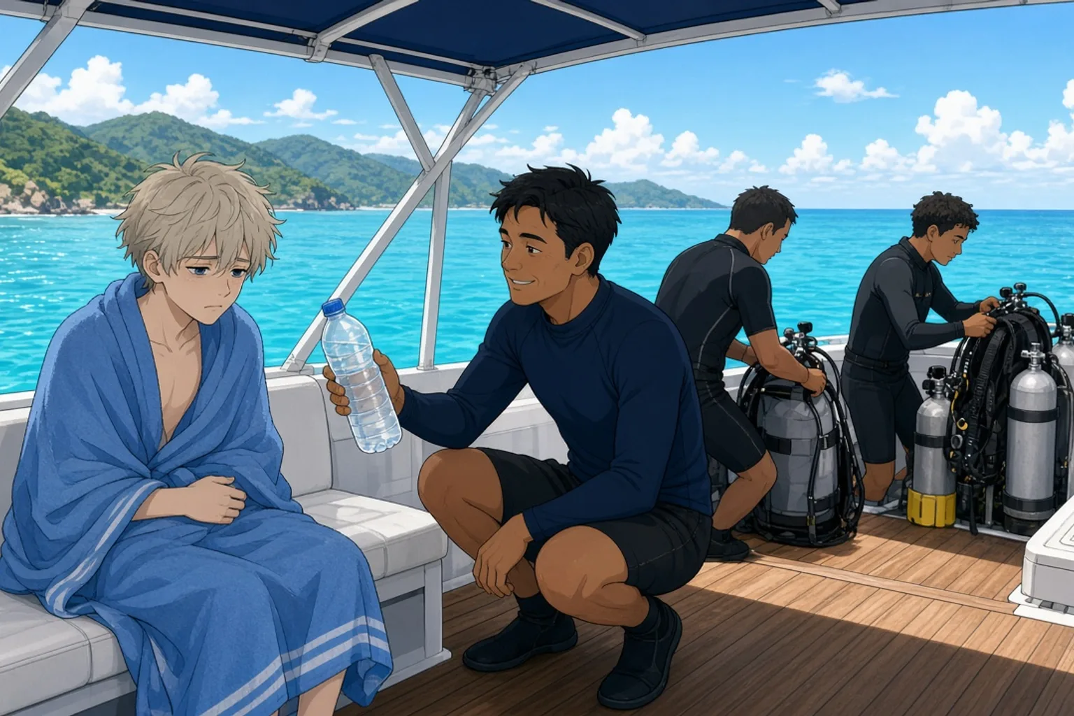 On the deck of a Balinese dive boat, a dive guide hands a bottle of water to a pale-looking guest sitting wrapped in a towel in the shade, while two other divers gear up in the background.