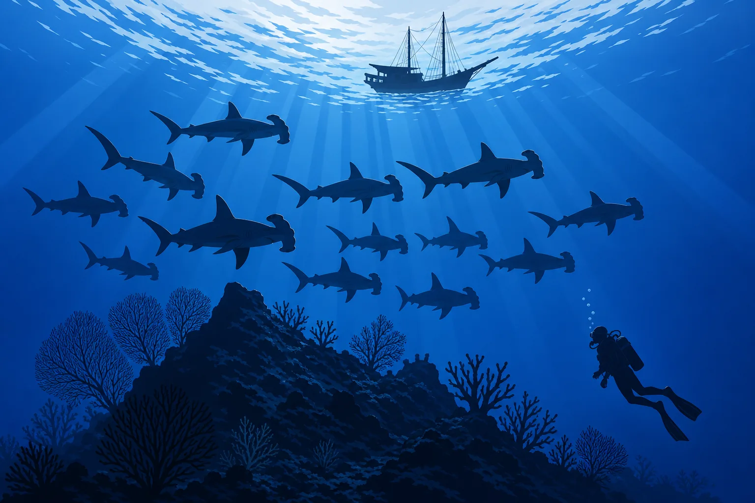 A large school of scalloped hammerhead sharks cruising in formation over a volcanic seamount in the Banda Sea, with a phinisi liveaboard silhouetted on the surface above.