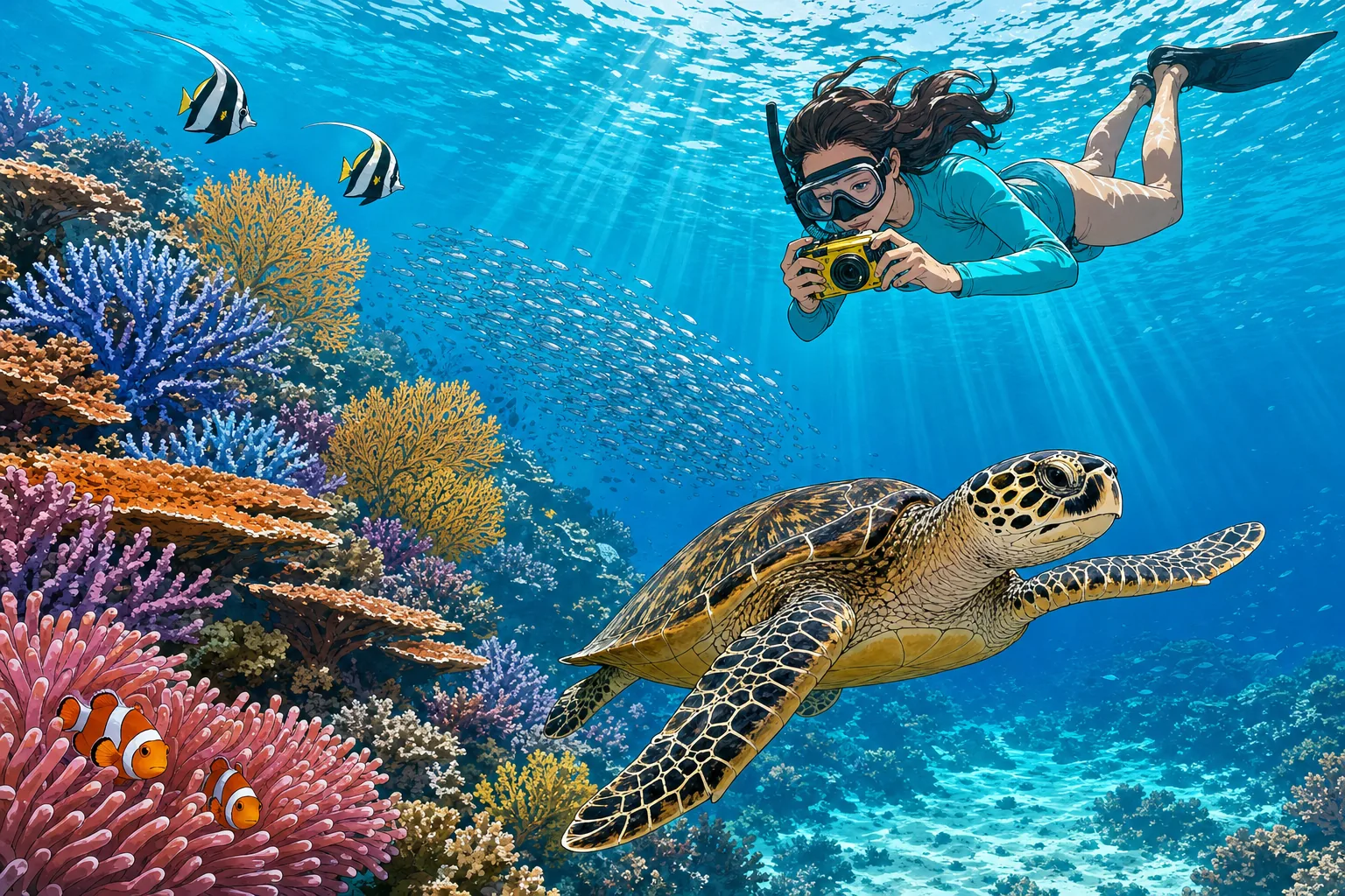 Cel-shaded underwater illustration at Crystal Bay on Nusa Penida showing a hawksbill green sea turtle with intricate patterned shell swimming gracefully past a healthy coral reef wall of pastel blue staghorn corals, orange table corals, purple soft corals and yellow sea fans, with a female snorkeler in a turquoise rashguard holding a yellow underwater camera floating at the surface above, a school of silver anchovies and two clownfish in a pink anemone in the foreground.