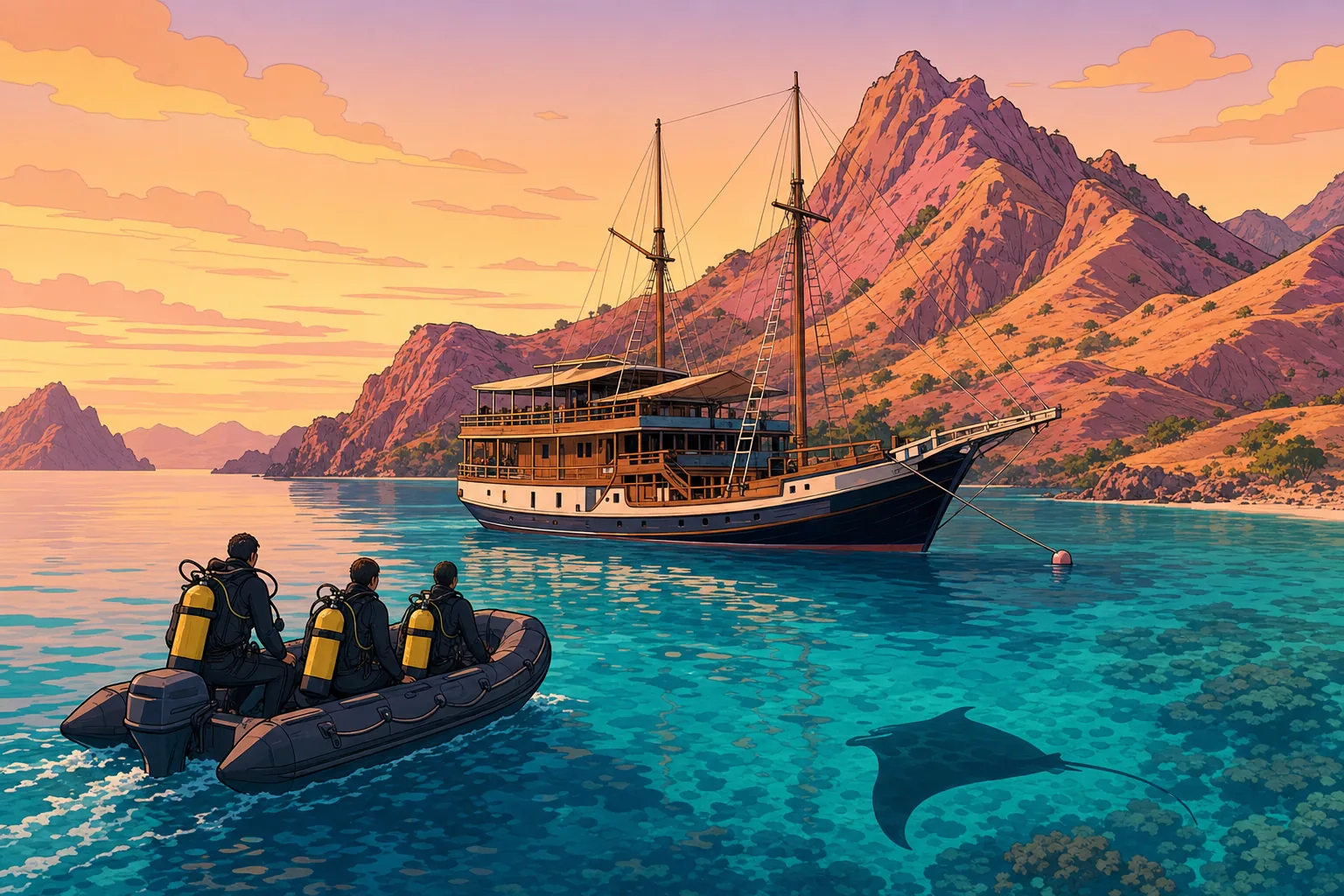 A traditional Indonesian phinisi liveaboard moored beside a Komodo National Park island at sunset, with three divers in a zodiac heading to the dive site and a reef manta gliding beneath the surface.