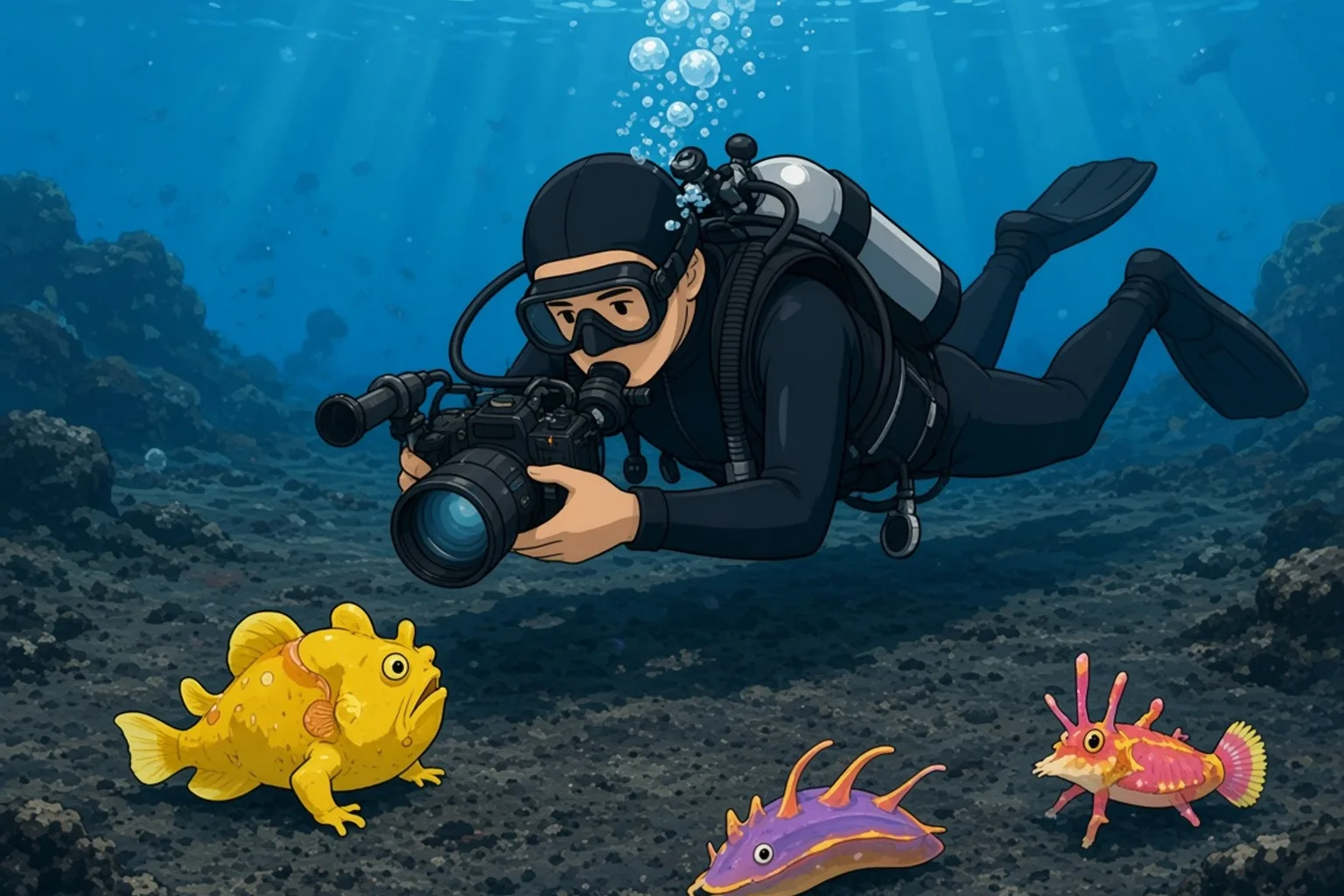 A scuba diver hovering above dark volcanic sand in the Lembeh Strait, photographing a yellow frogfish with an underwater camera and strobes, with a purple nudibranch and a small spiny pink fish nearby.