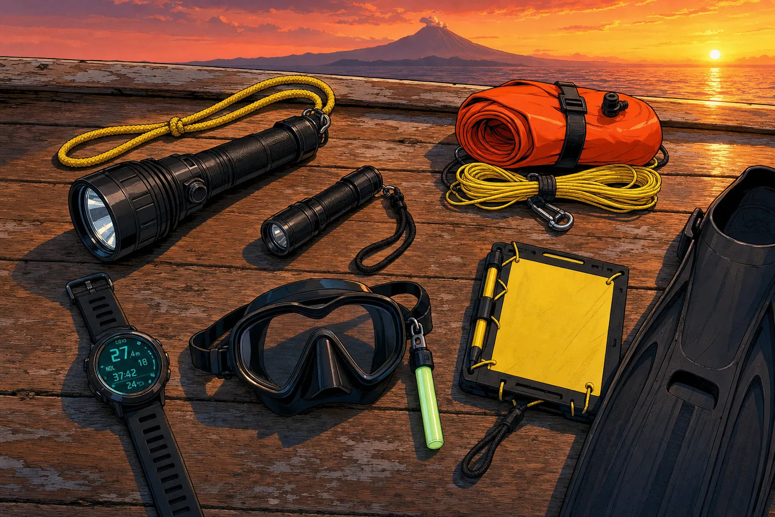 Cel-shaded flat-lay illustration of Bali night dive gear on a weathered teak boat deck at sunset, primary torch, backup torch, orange surface marker buoy, dive computer with glowing screen, mask with green chemical glow-stick, fins and signalling slate, with Mount Agung silhouetted in the warm dusk sky.