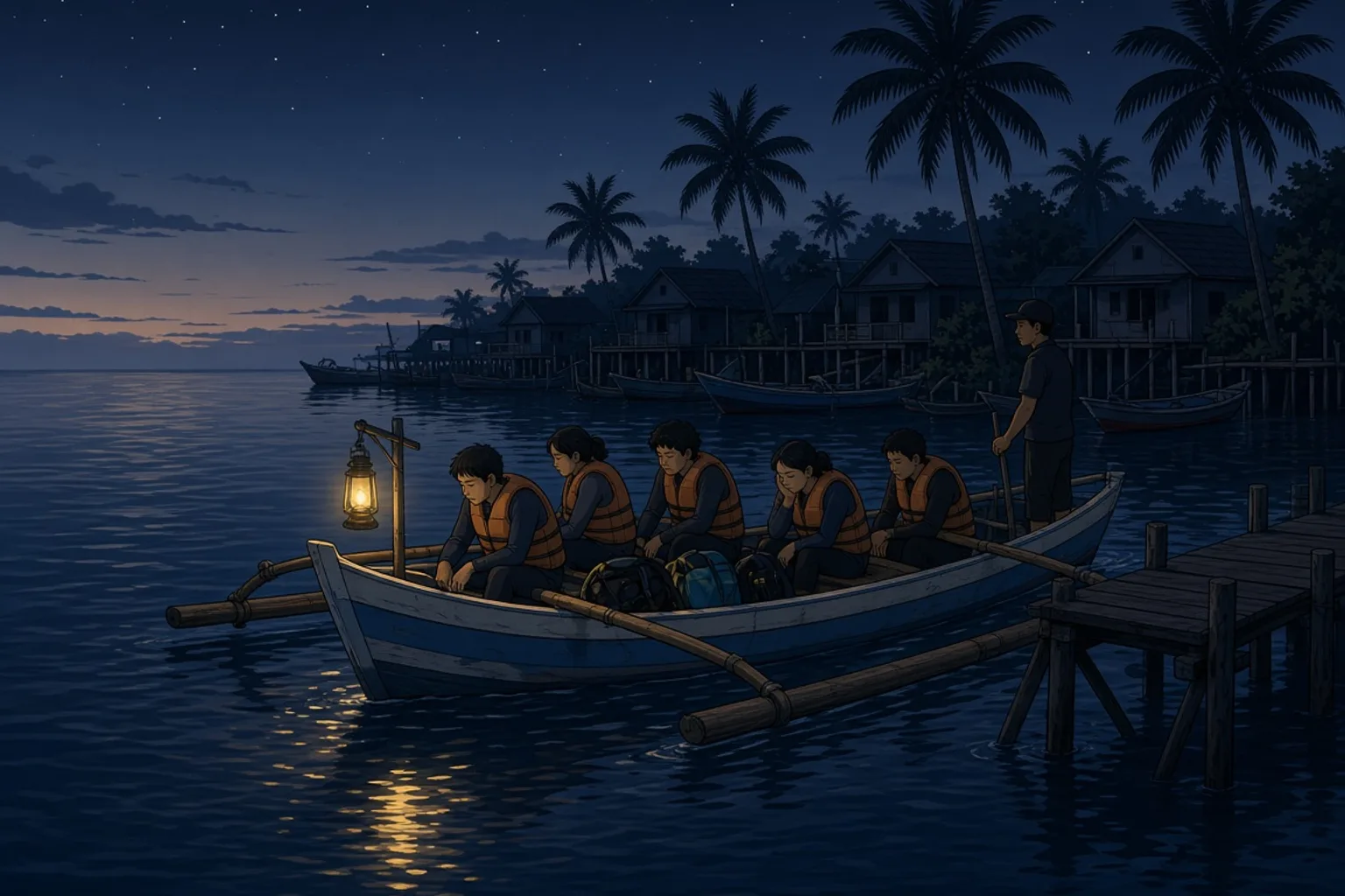 A traditional Indonesian wooden outrigger boat loaded with snorkelers in life vests setting out from Labuan Jambu village in the pre-dawn darkness, a single lamp on the bow, the silhouettes of palms and fishing boats behind and the first grey light showing on the horizon.