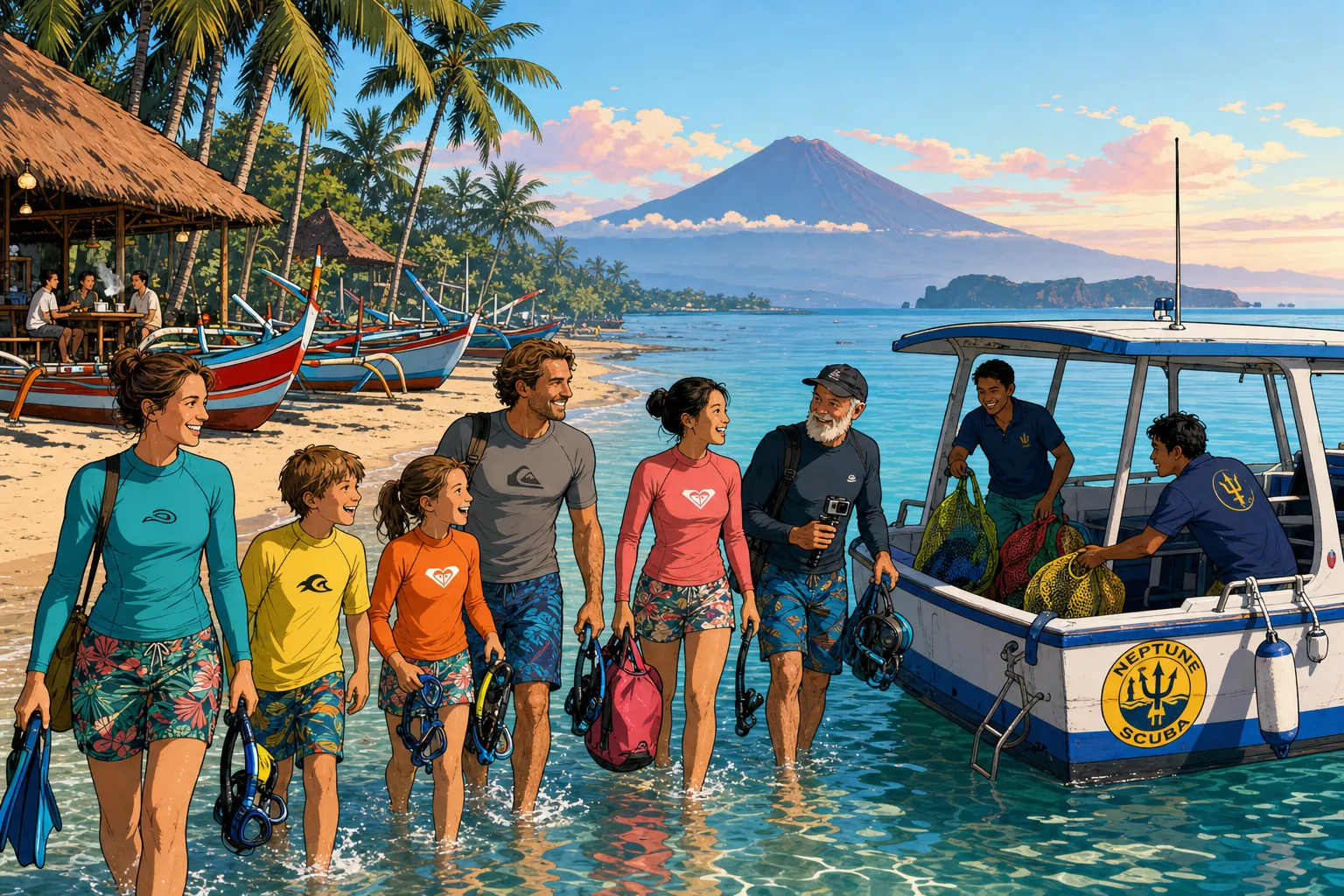 Cel-shaded illustration of a morning departure scene on Sanur beach in Bali, with a small white-and-blue Neptune Scuba snorkel boat anchored in the calm turquoise lagoon at low tide, two crew members loading colourful mesh snorkel-gear bags onto the boat, a European family of four and other diverse snorkel guests walking through the shallow ankle-deep water toward the boat carrying snorkel sets, traditional Balinese jukung outrigger fishing boats and a wooden warung breakfast hut on the beach behind them, the silhouettes of Mount Agung volcano and Nusa Penida island on the horizon under a pink-orange dawn sky.