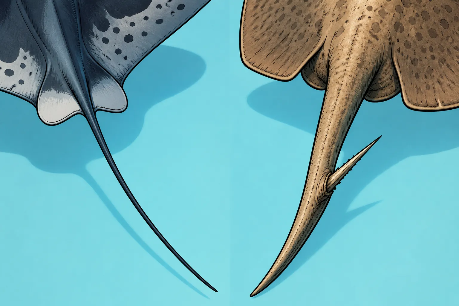 Cel-shaded close-up comparison of a manta ray tail with no barb next to a stingray tail with a clear serrated venomous barb