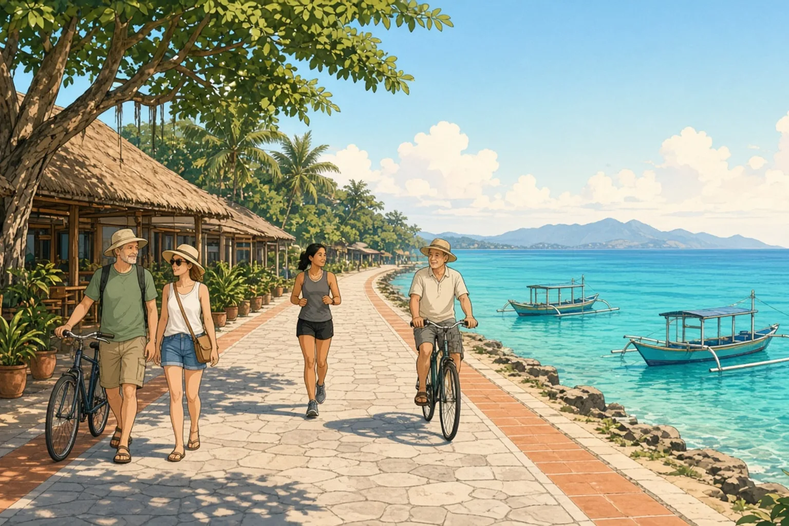 The paved beachfront boardwalk at Sanur in Bali early in the morning, with cyclists and walkers passing beachfront warungs and frangipani trees, the calm reef-protected lagoon on one side.