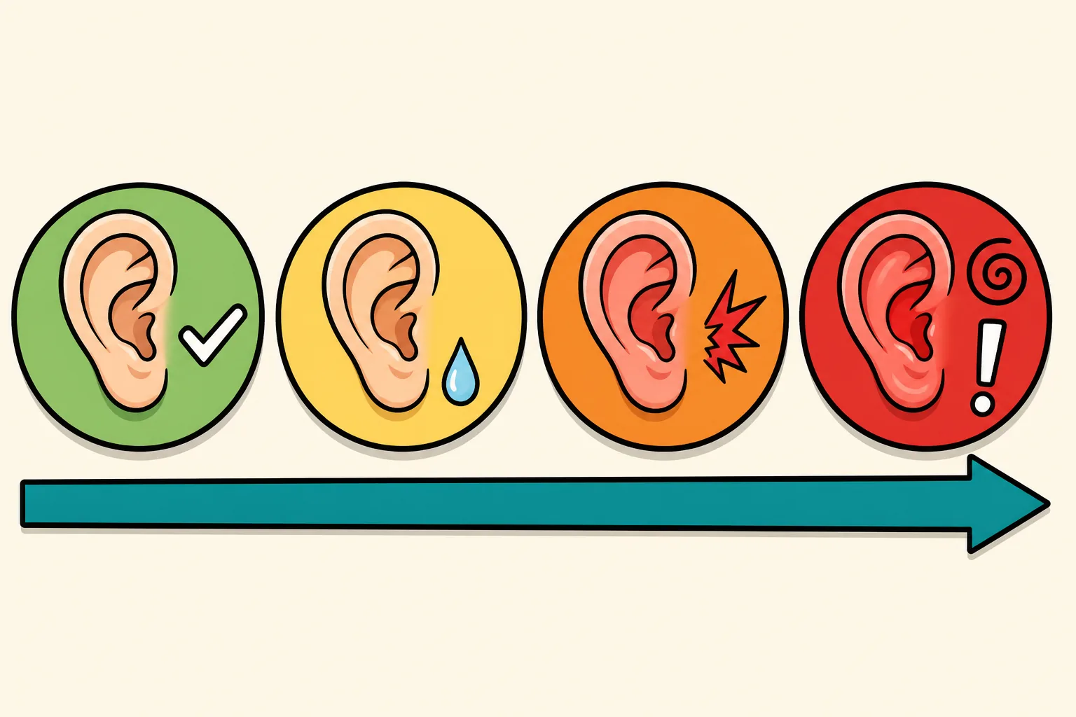 Infographic showing four stages of ear barotrauma severity as coloured badges along an arrow of increasing severity: a healthy green ear marked with a tick, a yellow ear with mild fluid, an orange inflamed ear with a pain burst, and a red ear with a vertigo swirl and an exclamation mark