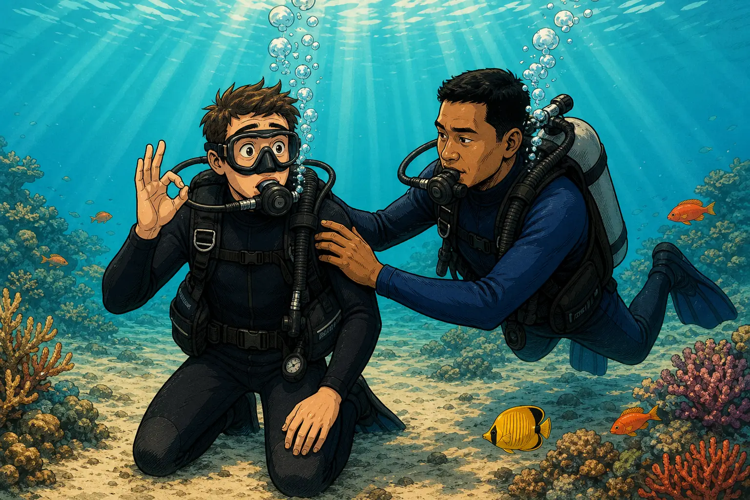 Cel-shaded underwater illustration of a Balinese instructor steadying a wide-eyed first-time diver at four metres over a sandy Bali reef, both wearing regulators and trailing bubbles, the student giving a hesitant OK signal.