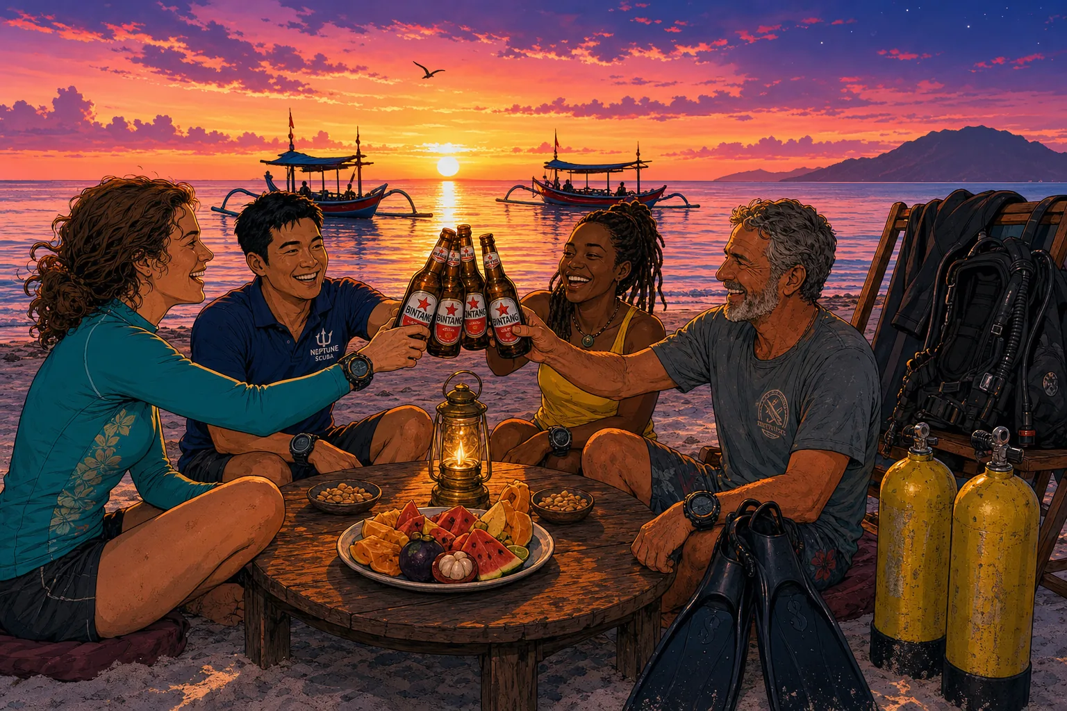Cel-shaded illustration of four happy divers of mixed nationalities sitting around a low wooden table on Sanur beach at sunset, clinking four brown bottles of Bintang beer together in a celebratory toast at the end of their Bali dive trip, with a drying black wetsuit on a folding chair, two yellow scuba tanks in the sand, a pair of black dive fins, two silhouetted jukung outrigger boats sailing past on the pink and orange horizon, and Nusa Penida visible in the distance.