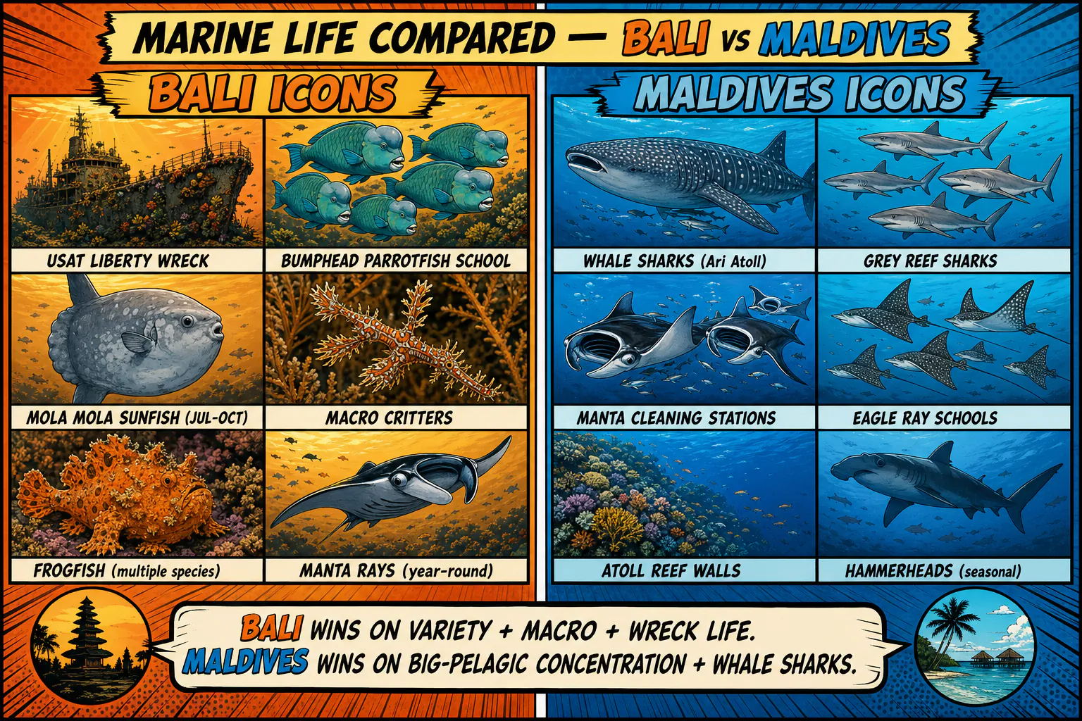 Side-by-side cel-shaded infographic comparing the iconic marine life of Bali versus Maldives diving: Bali side shows USAT Liberty wreck silhouette, bumphead parrotfish school, mola mola sunfish, ornate ghost pipefish macro shot, and reef manta; Maldives side shows whale shark, school of grey reef sharks in a channel, manta train at a cleaning station, eagle rays in formation, and atoll reef wall.