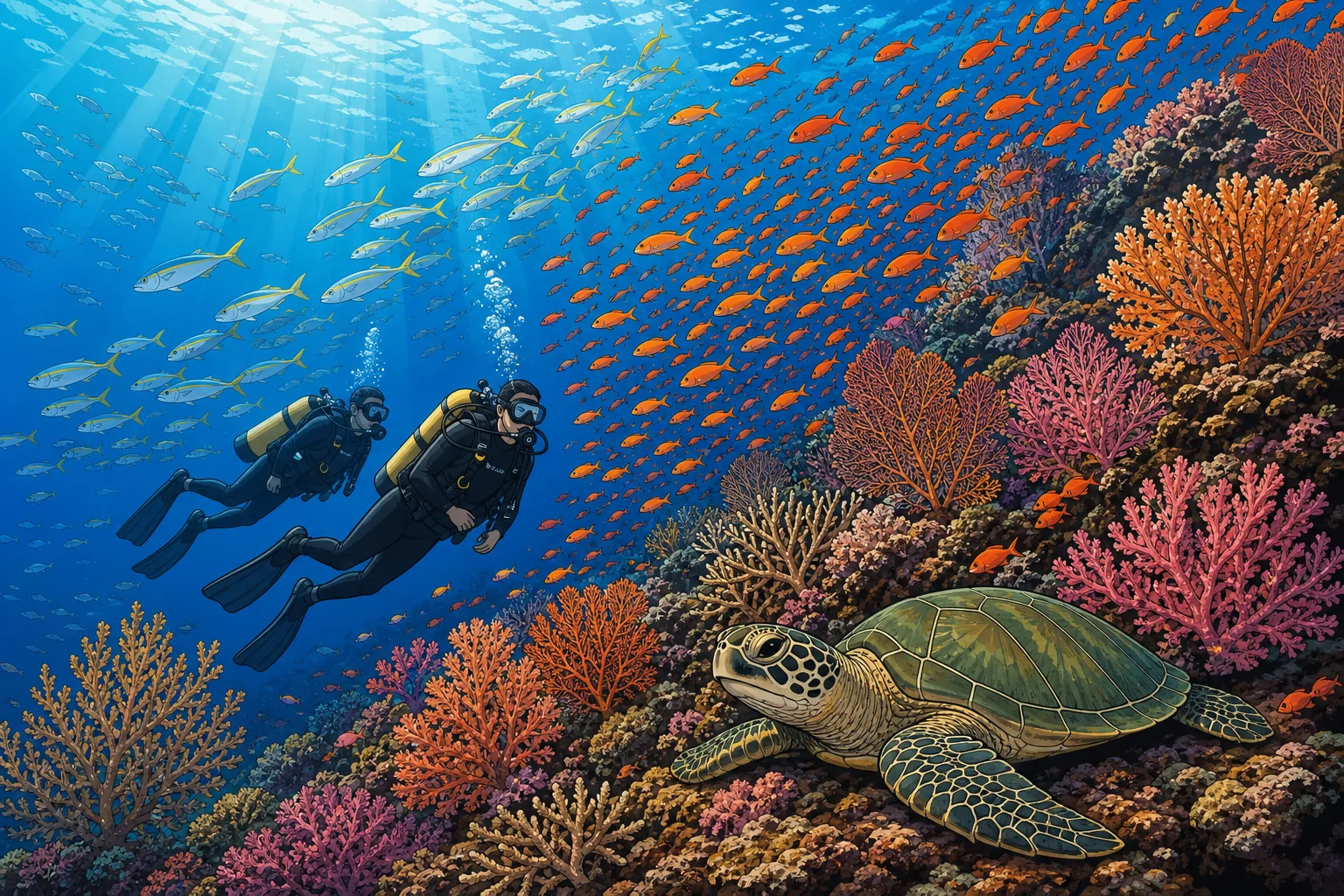 Two scuba divers drifting along the reef wall at Mangroves dive site on Nusa Lembongan, surrounded by a curtain of orange anthias and silver-yellow fusiliers, with a green sea turtle resting on a coral patch in the foreground.