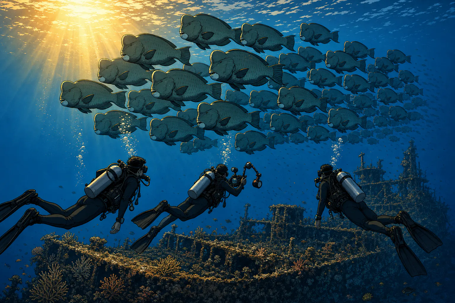 A scuba diver in horizontal trim watching a large school of bumphead parrotfish, dozens of them, slowly passing over the coral-covered USAT Liberty wreck at first light, with low warm sunrise rays piercing the surface and silhouetting the fish above the wreck.