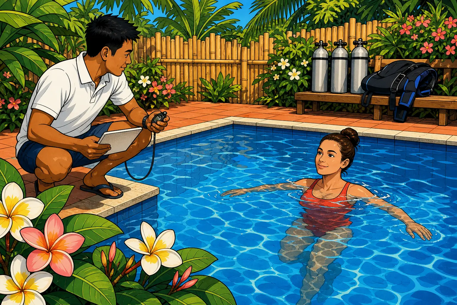 Cel-shaded illustration of a student calmly treading water in a tropical dive centre training pool surrounded by frangipani while an instructor crouches at the poolside with a stopwatch and dive slate.