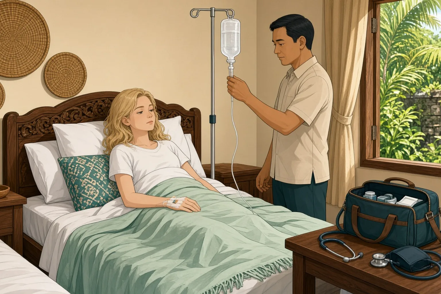 A mobile doctor in a Bali hotel room setting up an intravenous rehydration drip for a traveller resting on a bed, medical bag open on a side table.
