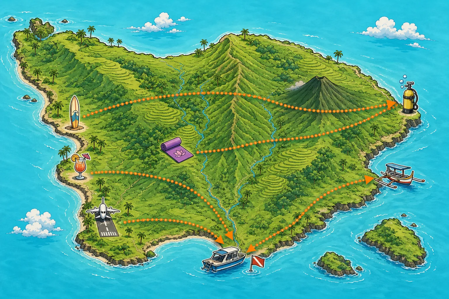 Cel-shaded stylised map of Bali showing the west-side lifestyle areas (Canggu surfboard icon, Ubud yoga mat, Seminyak cocktail glass, Kuta airport) on the left, the Sanur dive boat icon on the south coast, Padang Bai jukung outrigger and Tulamben scuba tank on the east coast, with dotted orange route arrows showing the morning west-to-east journey to the dive sites.