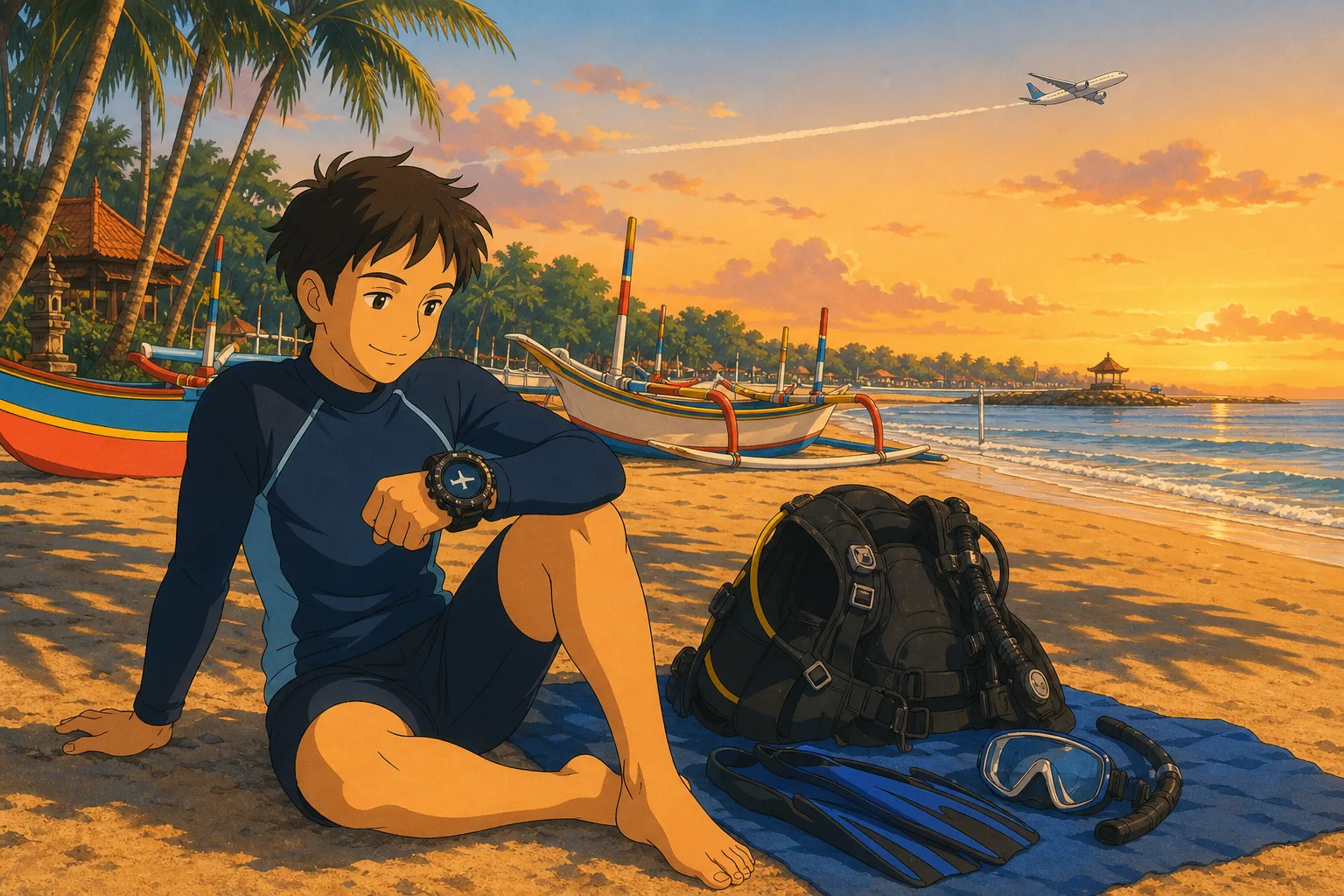 Cel-shaded illustration of a relaxed scuba diver sitting on Sanur beach beside drying dive gear at golden hour, checking the no-fly countdown icon on a wrist dive computer while a passenger jet passes high overhead and traditional jukung boats rest on the sand.