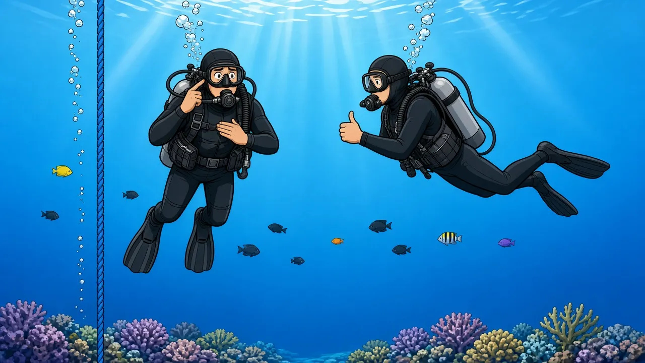 Cel-shaded illustration of a scuba diver hovering in open blue water a few metres down beside a descent line, pointing to their ear to signal an equalisation problem to an instructor floating level beside them, both well clear of the reef below.
