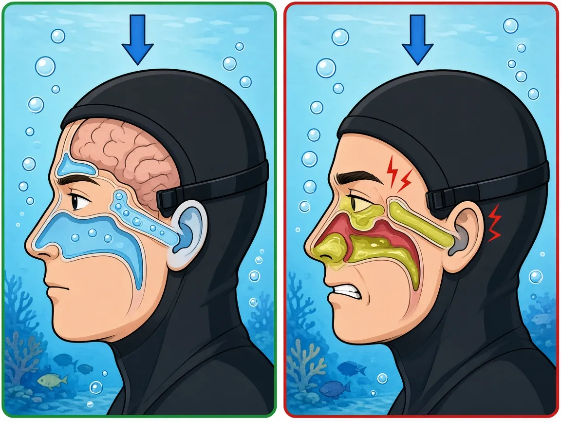 Cel-shaded side-by-side cutaway of a diver's head in a neoprene hood, comparing clear sinuses and an open Eustachian tube with swollen, mucus-blocked sinuses and Eustachian tube during a cold, with pain marks at the ear and forehead.