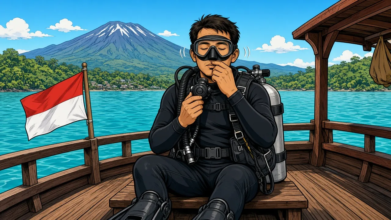 Cel-shaded illustration of a scuba diver sitting on the deck of a Balinese dive boat before a dive, gently pinching their nose to test that both ears clear, with the regulator hose coming from the right and calm turquoise sea behind.