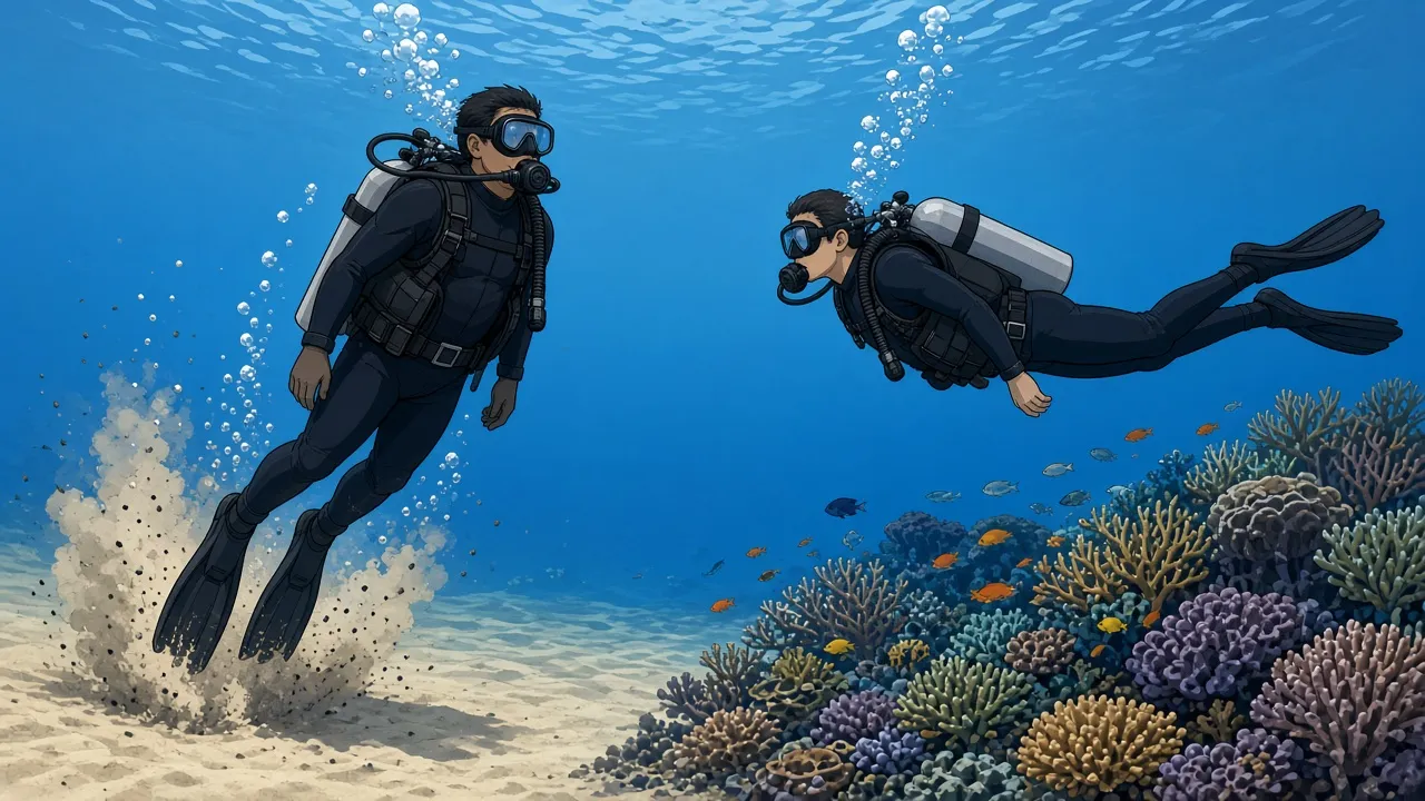 Side-by-side comparison of two scuba divers over a Bali reef: on the left an overweighted diver tilted steeply head-up and kicking up a cloud of sand, on the right a correctly weighted diver hovering flat and calm above the coral.