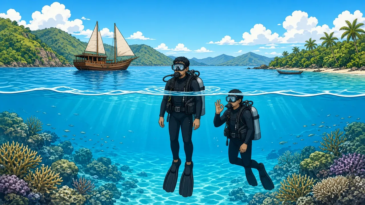A scuba diver floating upright at the surface off Padang Bai during a weight check, BCD deflated and the waterline at eye level, while an instructor beside them gives the OK signal and a wooden dive boat sits in the background.