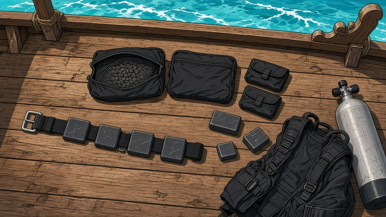 A black nylon weight belt with lead blocks, two integrated BCD weight pockets, one holding a mesh bag of lead shot, and two small trim weight pouches laid out on the wooden deck of a Bali dive boat next to a BCD and a scuba tank.