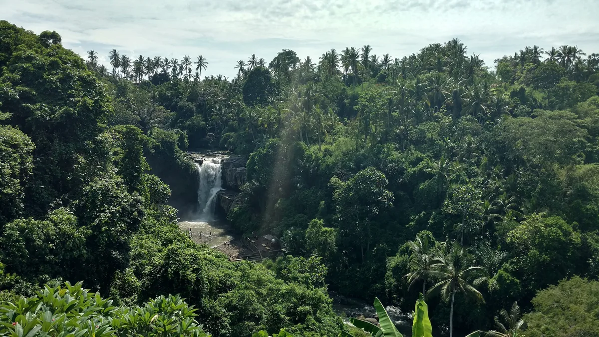 Tegenungan Waterfall near Ubud seen from the valley overlook, a broad white waterfall in a deep green valley filled with coconut palms under a cloudy sky.
