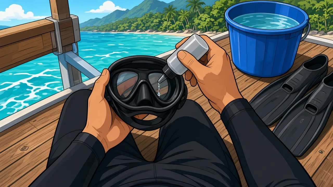Looking down into a black dive mask held glass-down on the lap of a diver on a Bali dive boat, as a drop of clear defog gel falls onto the inner surface of the lens, with a rinse bucket and fins on the deck.