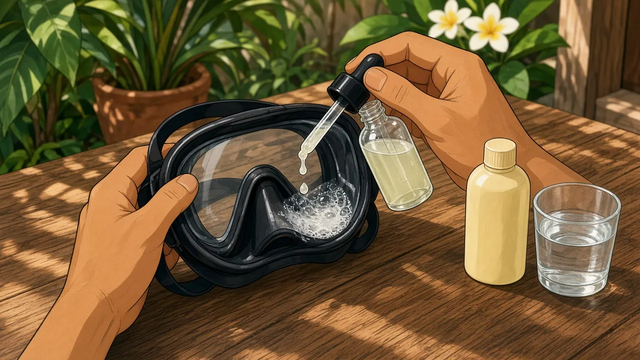 Looking into a black dive mask through the open silicone skirt as a hand squeezes drops of diluted baby shampoo from a dropper onto the inner glass, with a plain shampoo bottle and a glass of water on a wooden table.