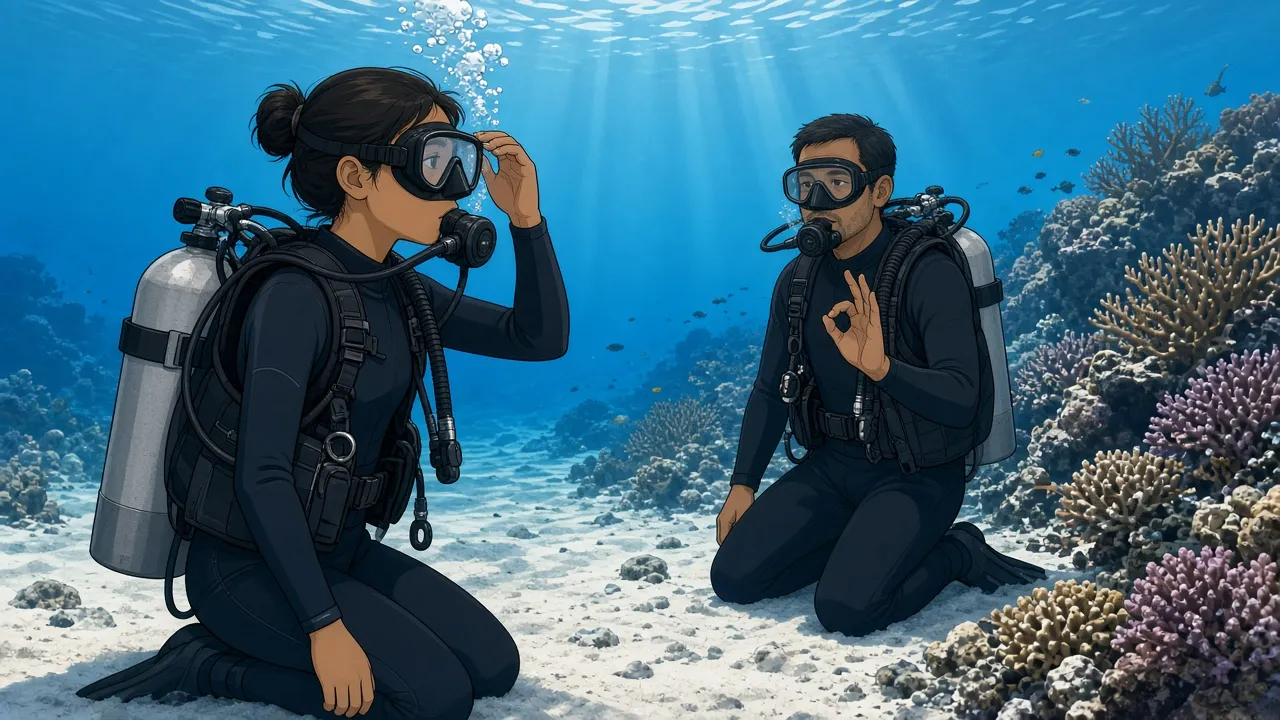 A student scuba diver kneeling on white sand next to a Bali reef, lifting the top edge of the dive mask with the right hand to let a little water in to clear the fog, while an instructor kneeling nearby watches and gives the OK signal.
