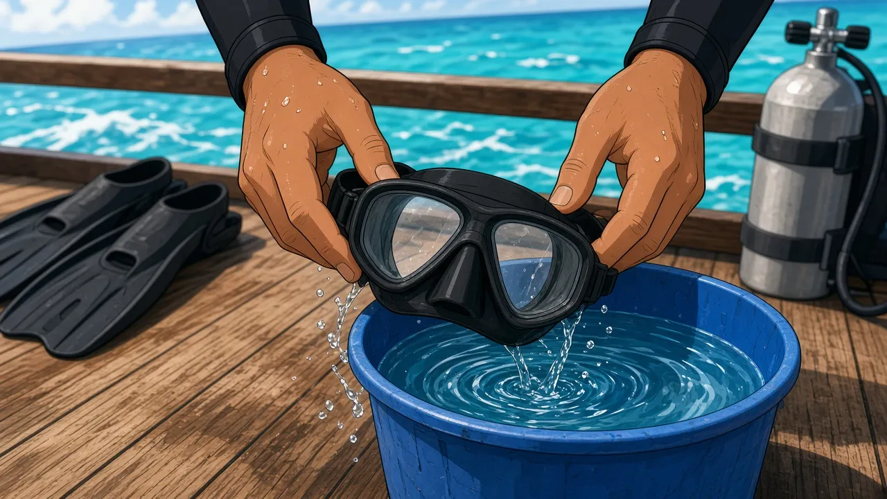 Two hands holding a black dive mask by the silicone skirt and dipping it once into a blue bucket of seawater on a Bali dive boat deck, so a thin film of water runs over the inside of the glass.