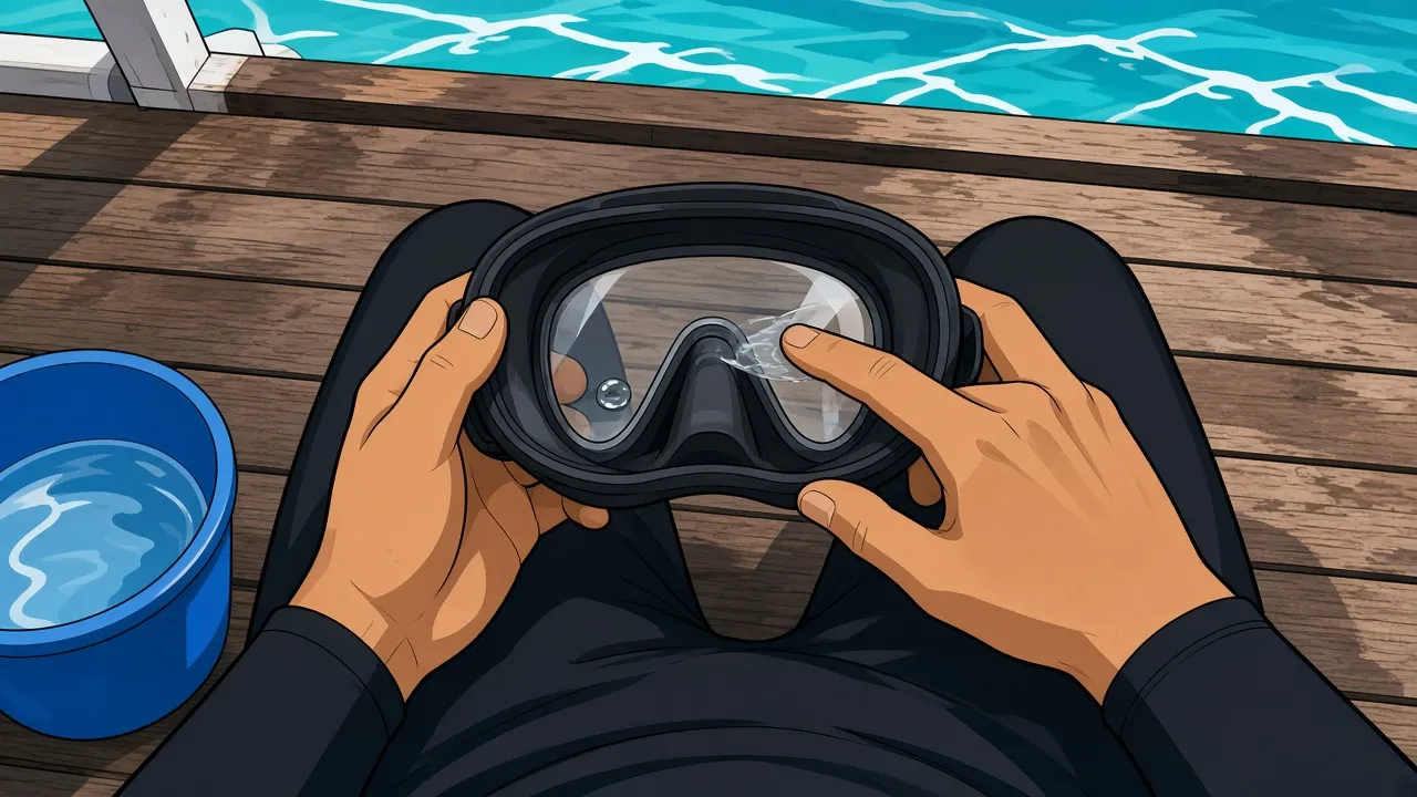 Looking down into a black dive mask held on the lap of a diver on a Bali dive boat, with a fingertip spreading a drop of saliva across the inner surface of the dry lens and a rinse bucket beside them.