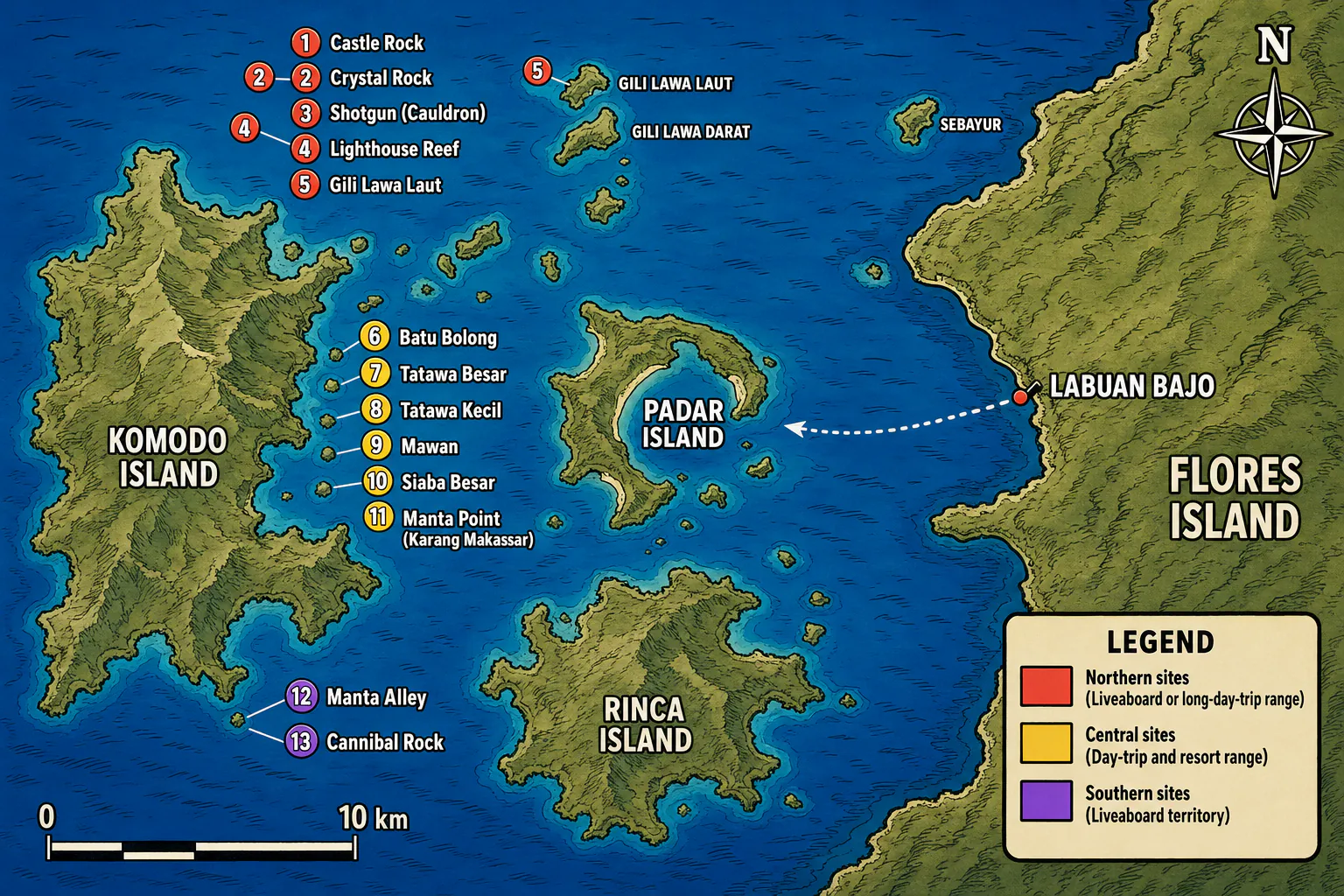 Map of Komodo National Park showing the main dive sites organised by region: northern Komodo (Castle Rock, Crystal Rock, Shotgun, Cauldron, Gili Lawa Laut), central (Batu Bolong, Tatawa Besar, Tatawa Kecil, Mawan, Siaba Besar), southern (Manta Alley, Three Sisters, Cannibal Rock), with Labuan Bajo marked as the gateway port on Flores.