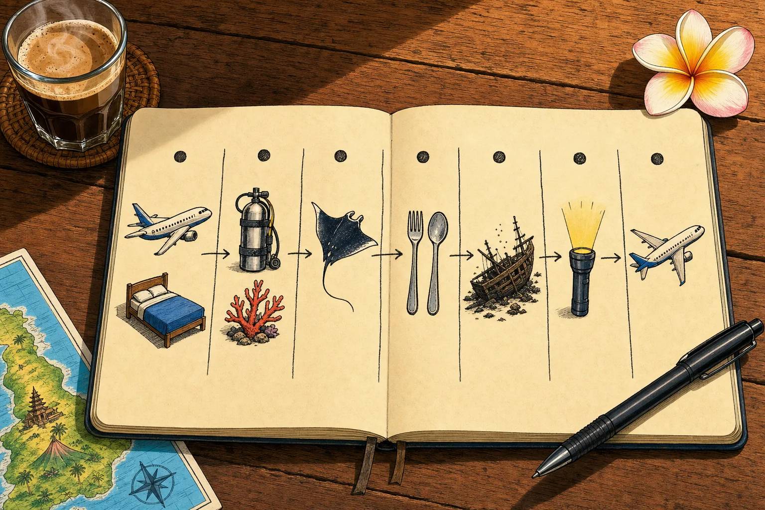 Cel-shaded top-down illustration of an open notebook on a wooden cafe table showing a stylised hand-drawn 7-day Bali dive trip planner with one icon per day - aeroplane and bed for arrival and rest, scuba tank and coral for a try-dive, manta ray for Nusa Penida, fork and spoon for a rest day, shipwreck silhouette for Tulamben USAT Liberty, torch beam for night diving, aeroplane for departure - with a glass of Balinese coffee, a black pen and a frangipani flower around the notebook.