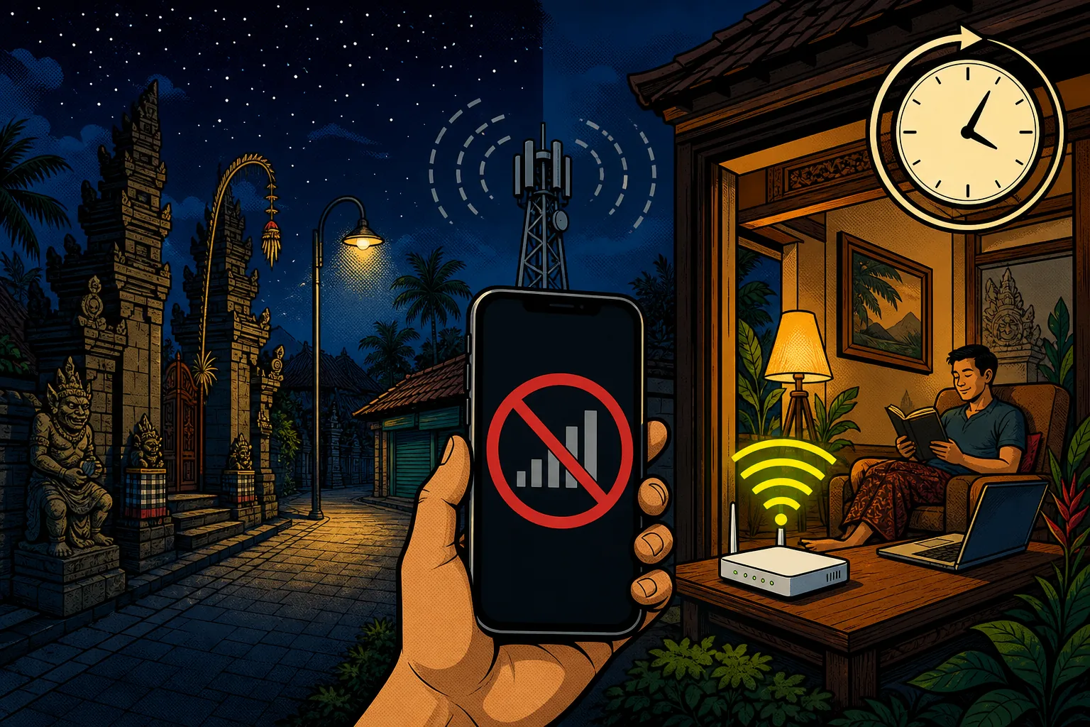 Comic-style infographic of Nyepi in Bali, with an empty village street at night beside a temple gate, a hand holding a phone showing a red crossed-out signal icon, and through a villa window a glowing fibre router still working next to a person reading by lamplight