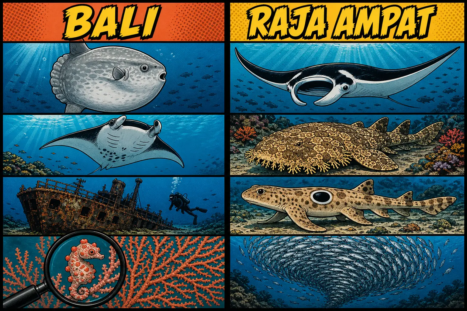 Comic-style infographic comparing signature marine life, with a mola mola sunfish, reef manta ray, shipwreck and pygmy seahorse on the Bali side, against an oceanic manta ray, tasselled wobbegong, epaulette walking shark and a dense tornado school of fish on the Raja Ampat side