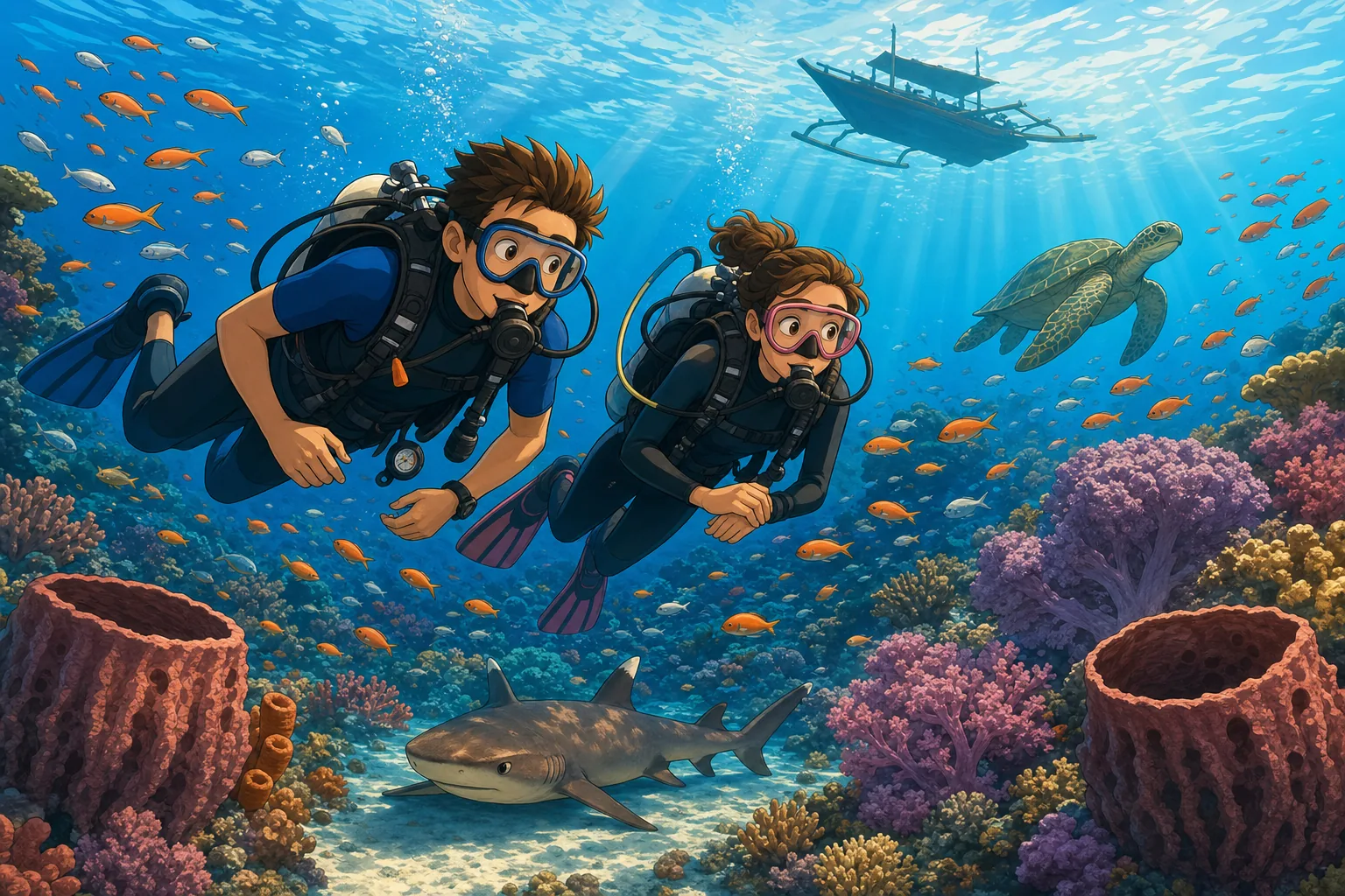 Cel-shaded illustration of two divers hovering above a healthy hard-coral garden at the Blue Lagoon dive site near Padang Bai, with schools of orange anthias, a green sea turtle, a resting whitetip reef shark on the sand below and the silhouette of a traditional jukung dive boat on the surface above.